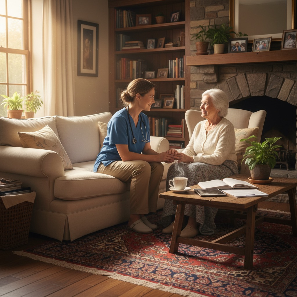 A female caregiver in blue scrubs sits on a sofa holding hands with an elderly woman in a cozy living room.